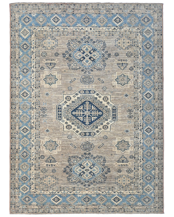 5x7 Ft Kazak Brown Blue Afghan Hand Knotted Geometric Wool Area Rug